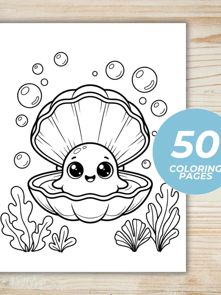 Cute cartoon oyster with bubbles and seaweed coloring page