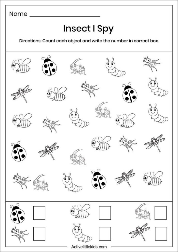 Insect counting worksheet with bug illustrations and boxes