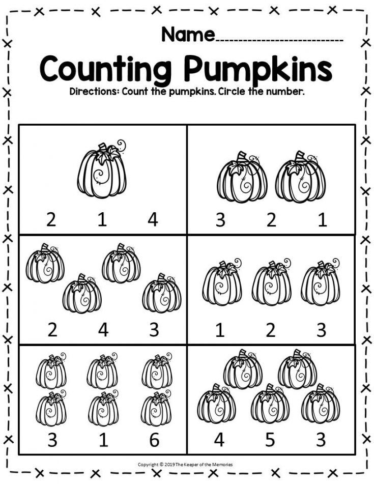 Black-and-white counting pumpkins worksheet with six boxes