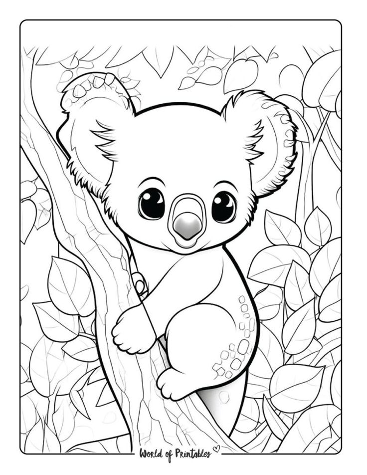 Cartoon koala clinging to tree in leaves