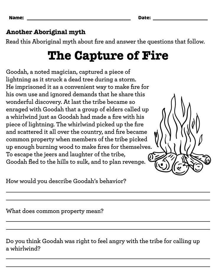 Printed worksheet about Aboriginal myth and fire
