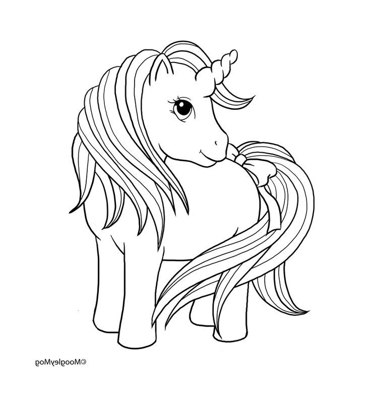Black-and-white unicorn coloring page with flowing mane and tail