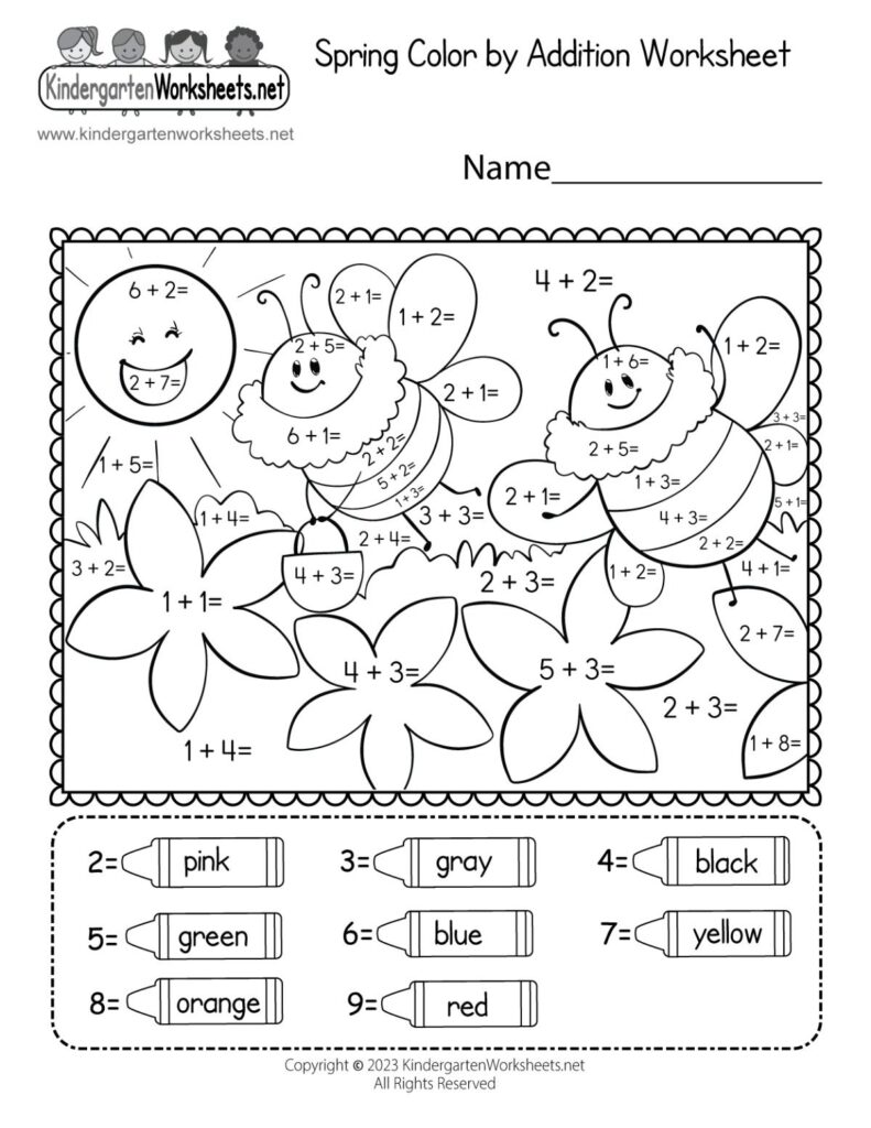 Spring color-by-addition worksheet with flowers and butterflies