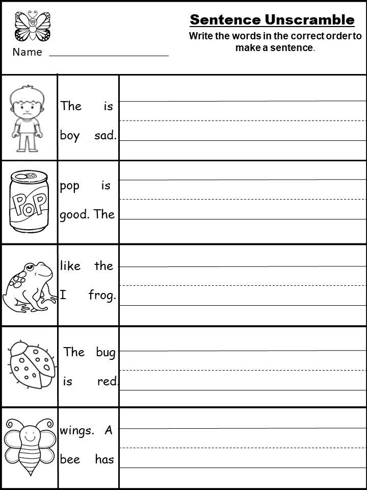 Sentence unscramble worksheet with pictures and blank lines