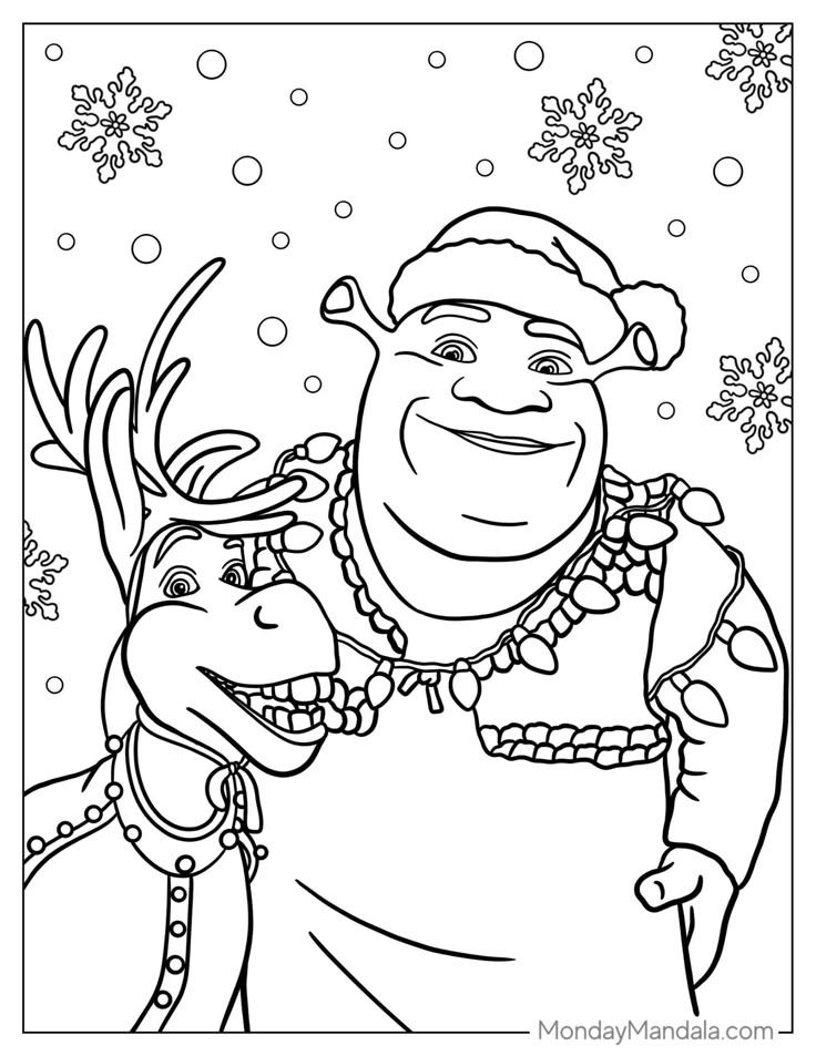 Black-and-white coloring page of Santa and reindeer smiling