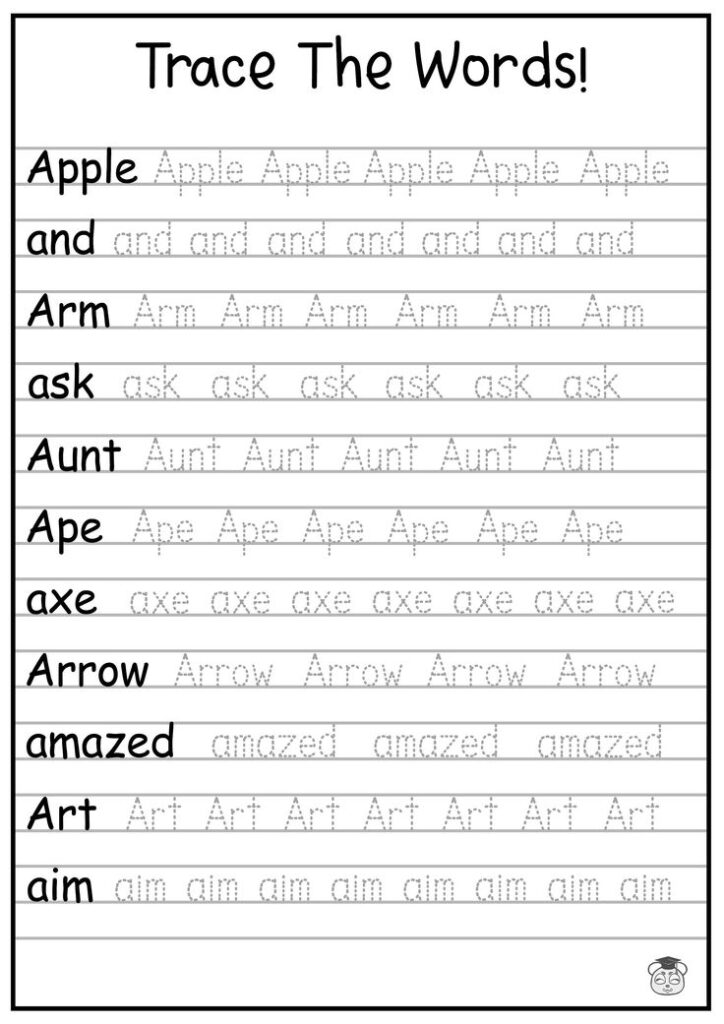 Word tracing worksheet with dotted vocabulary words
