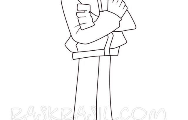 Line drawing of masked cartoon character standing cross-armed