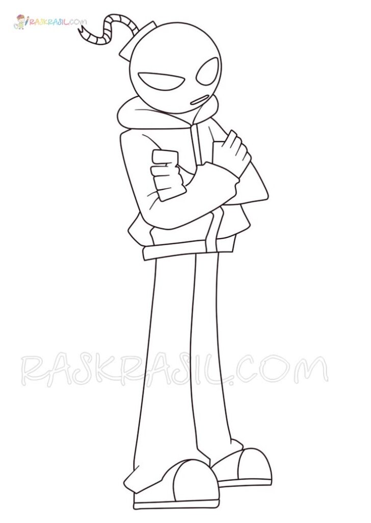 Line drawing of masked cartoon character standing cross-armed