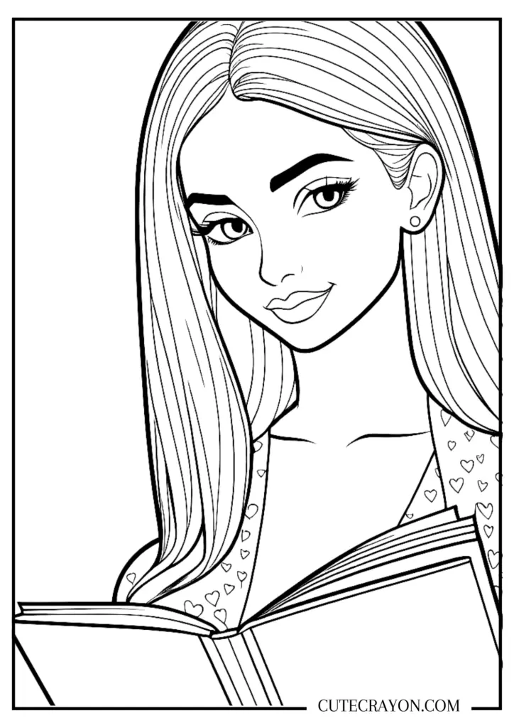 Line art of woman reading an open book
