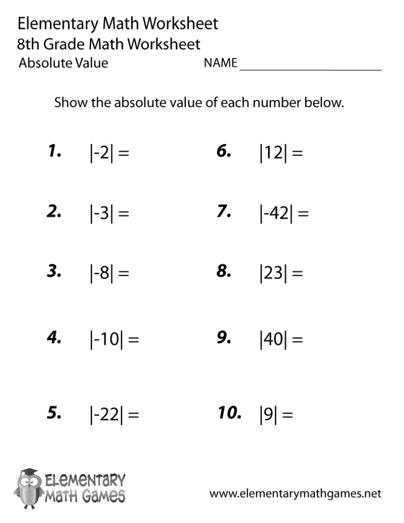 Elementary math worksheet with absolute value problems