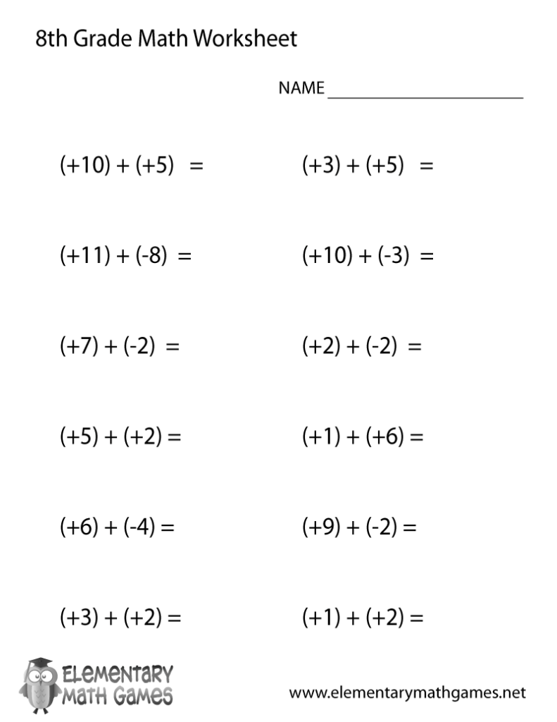 8th grade math worksheet with addition problems and name line