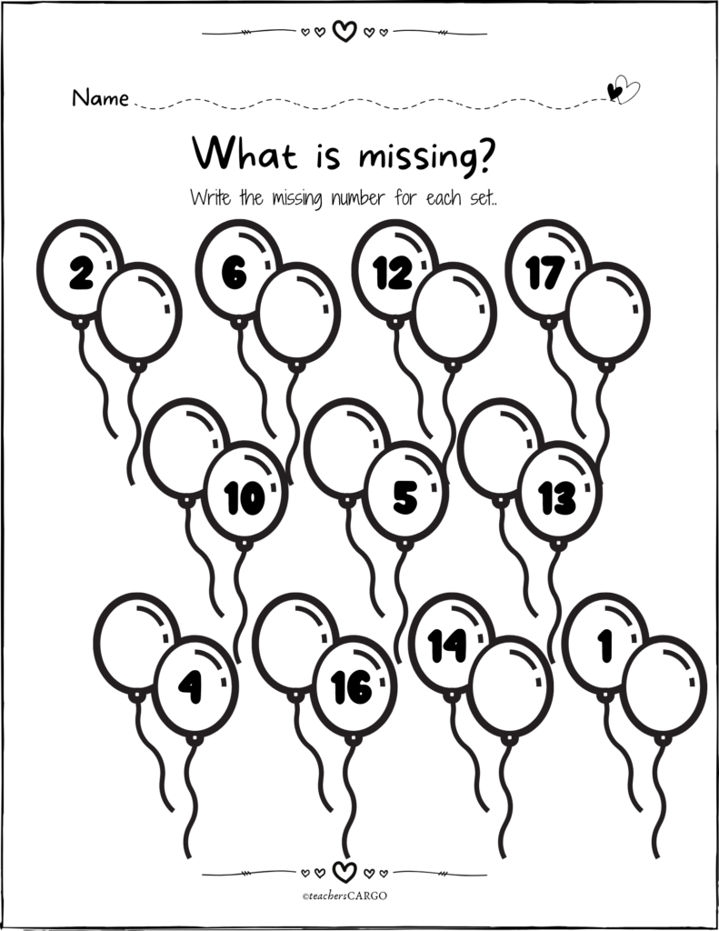 Balloon number worksheet with missing numbers