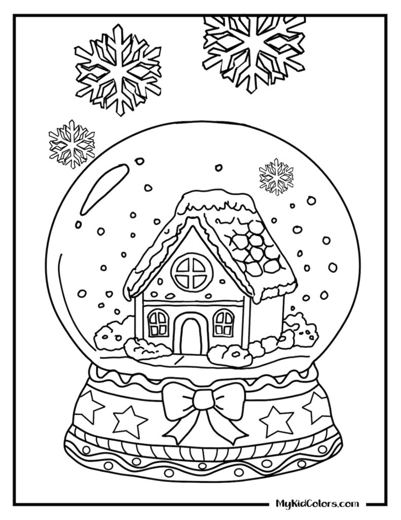 Gingerbread house snow globe coloring page with snowflakes