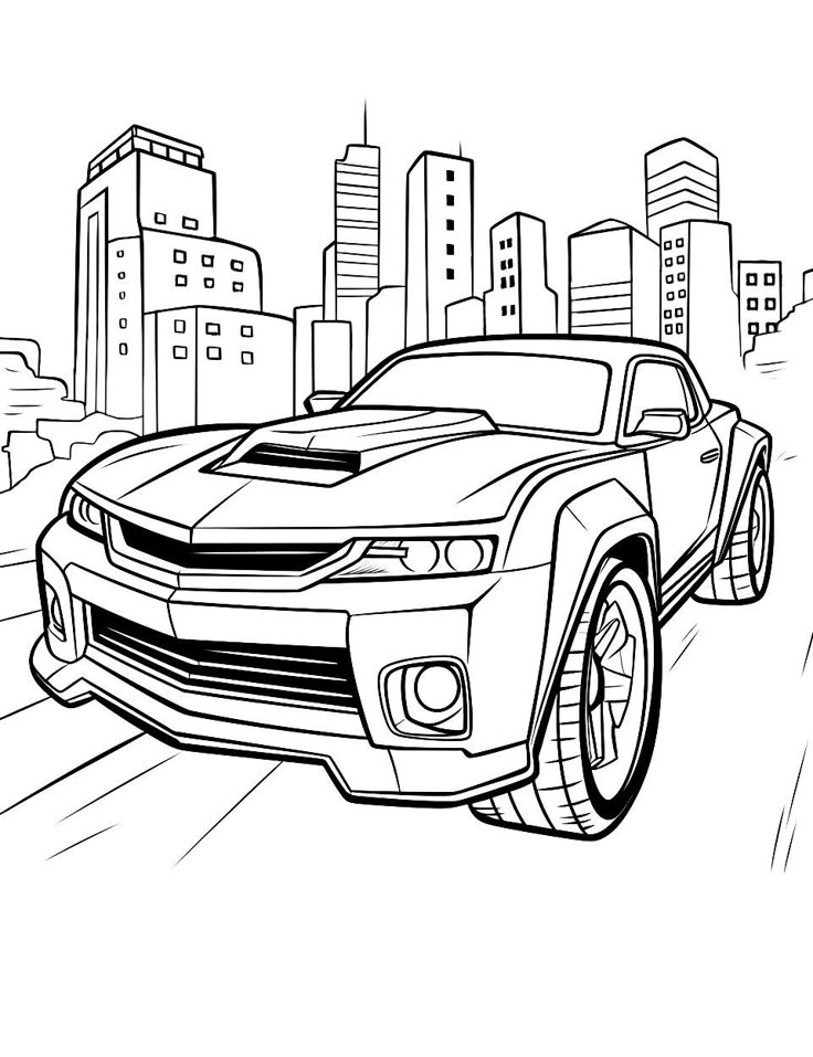 Sports car line drawing with city skyline background