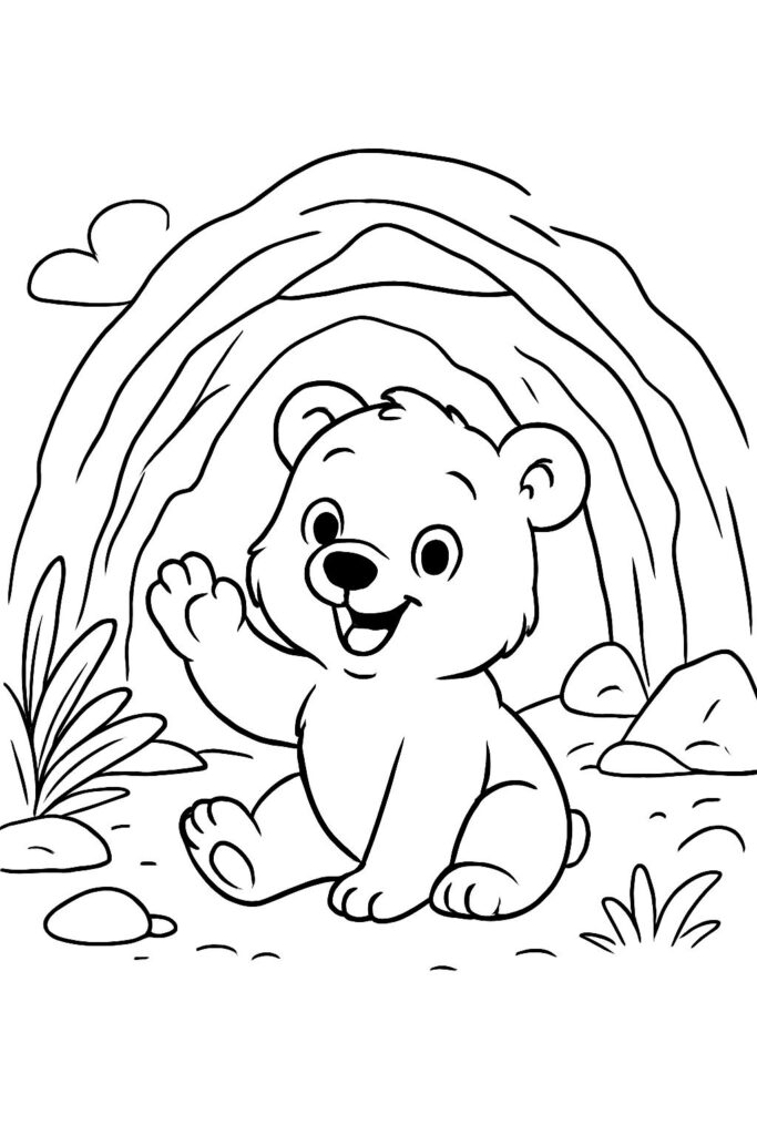Cartoon bear waving inside a rocky cave