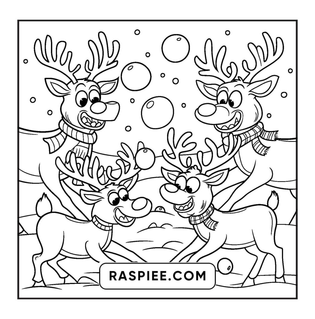 Cartoon reindeer coloring page with snowballs and watermark