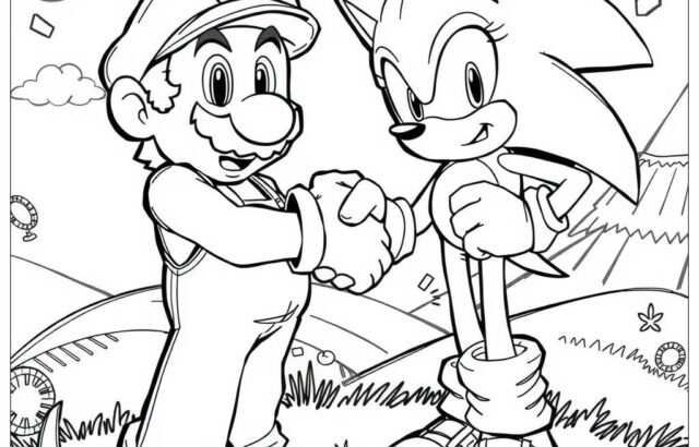 Mario shaking hands with Sonic in a landscape