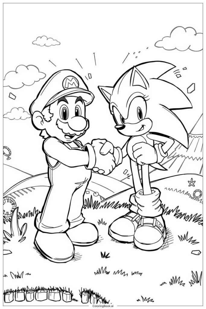 Mario shaking hands with Sonic in a landscape