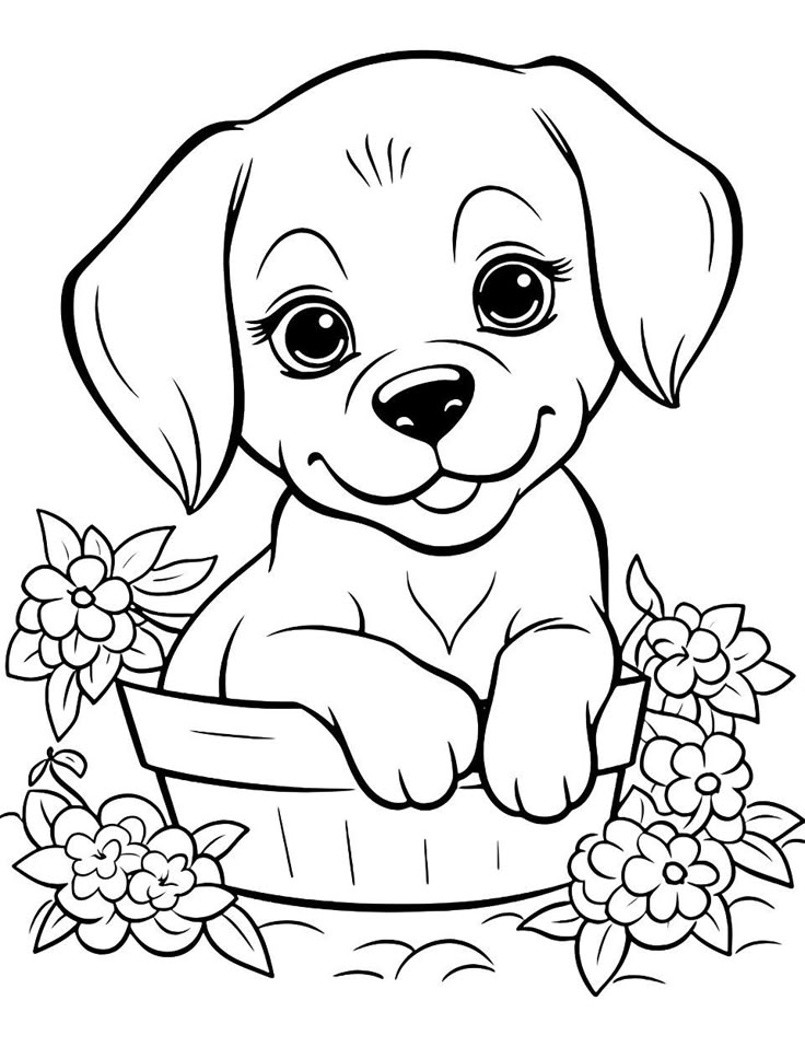 Cartoon puppy sitting in a flower basket