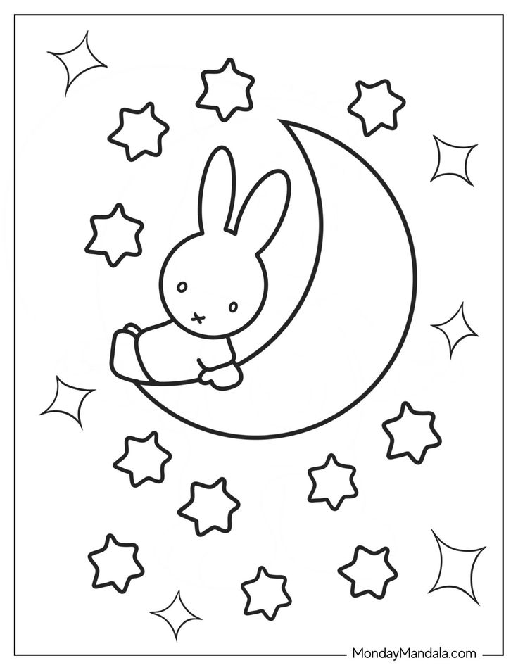 Bunny sleeping on crescent moon with stars