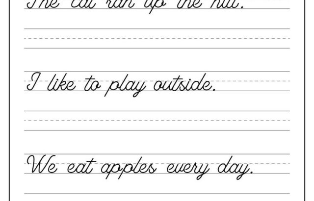 Cursive handwriting worksheet with practice sentences and lines