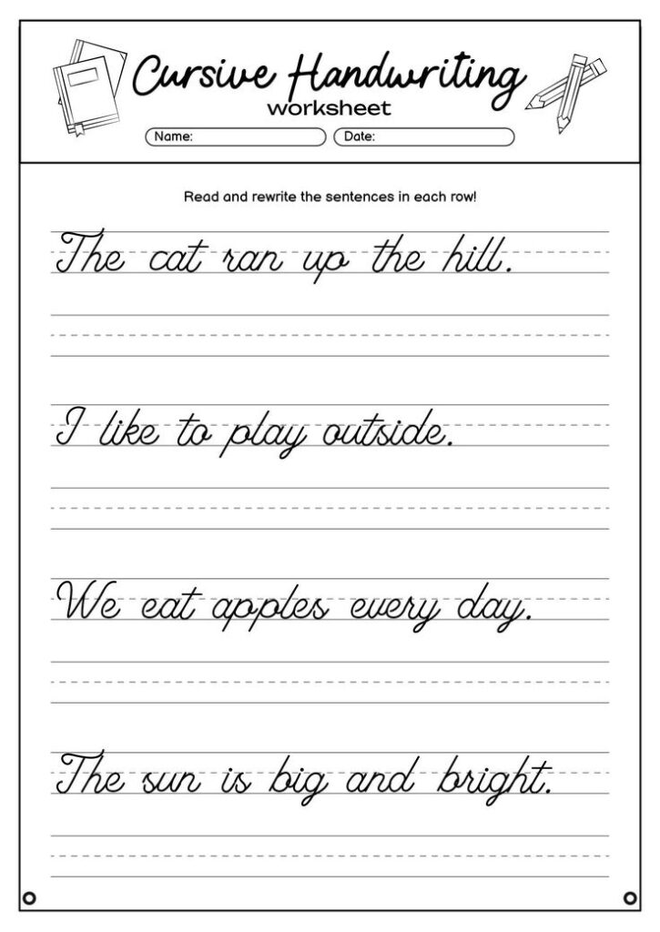 Cursive handwriting worksheet with practice sentences and lines