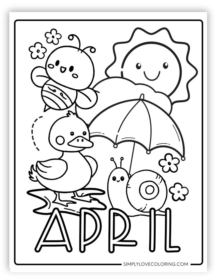 April coloring page with bee, duck, snail, and sun