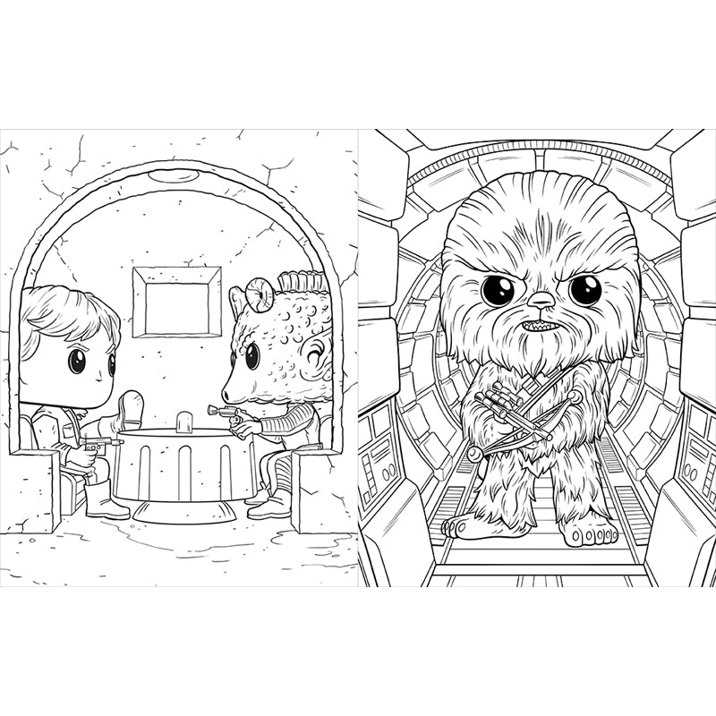 Black-and-white cartoon characters in sci-fi rooms