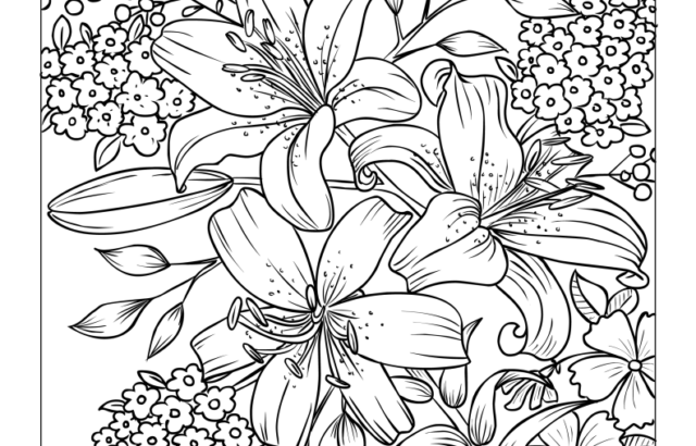 Black-and-white floral coloring page with butterflies