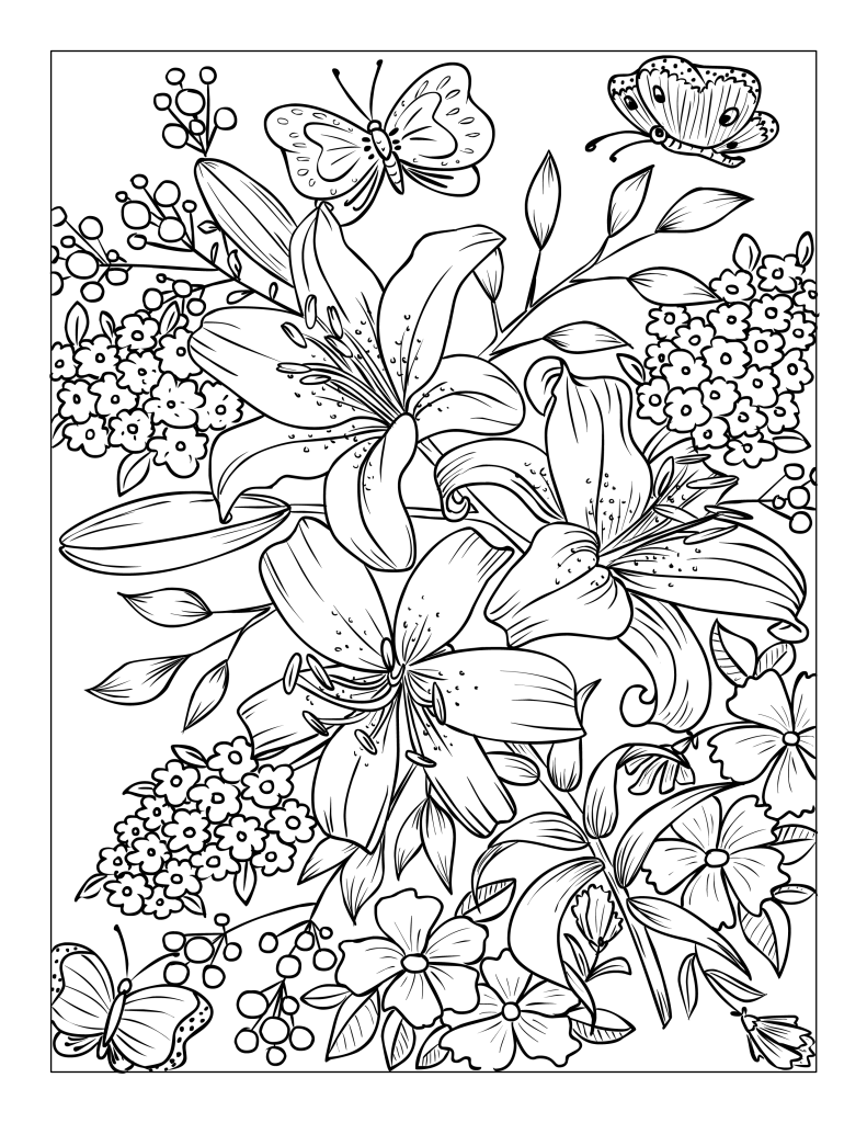 Black-and-white floral coloring page with butterflies