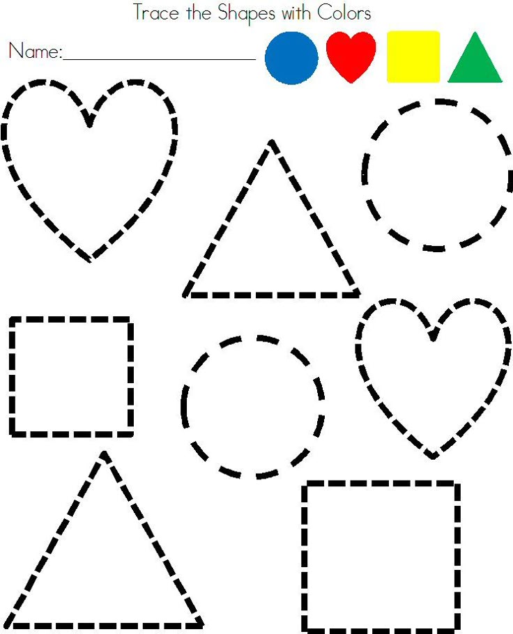 Shape tracing worksheet with dashed circles, hearts, squares, triangles