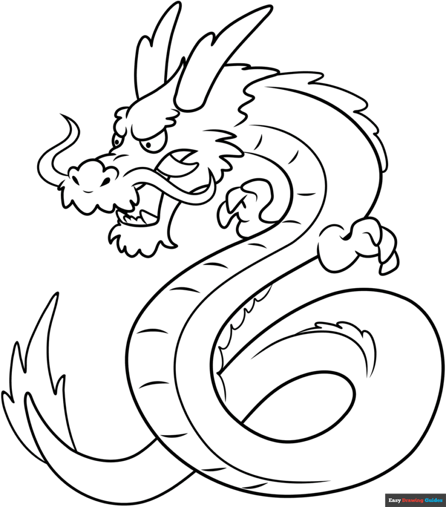 Cartoon dragon line drawing on white background