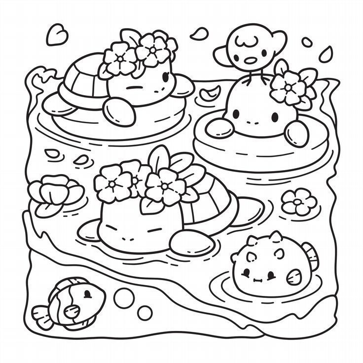 Cute animal floaties in a wavy pool coloring page