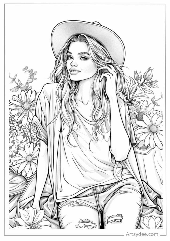 Black-and-white illustration of woman in hat among flowers