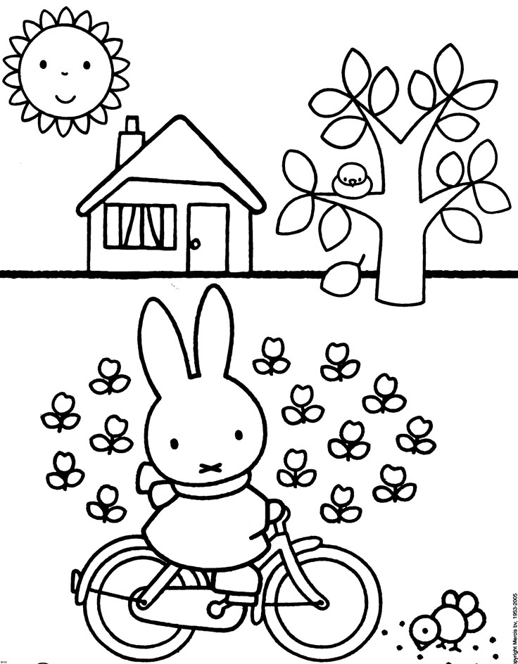 Bunny riding bicycle near house, tree, flowers, and sun