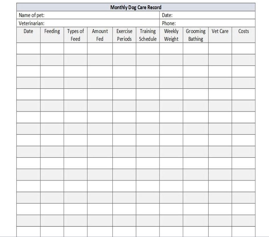 Blank monthly dog care record table form