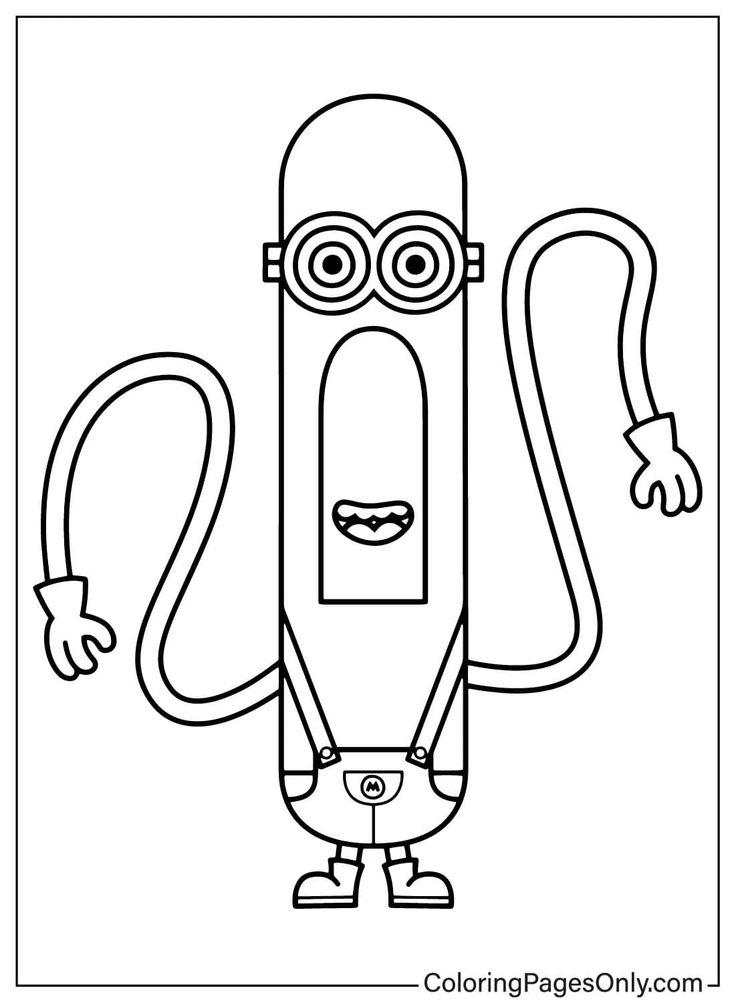 Black-and-white cartoon minion coloring page with long arms