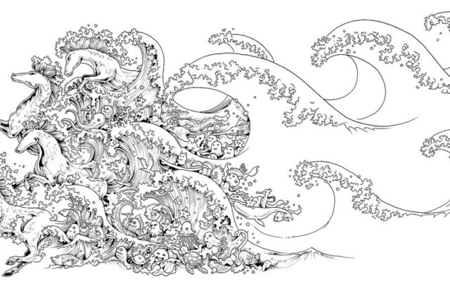 Detailed black-and-white line drawing of waves and horses