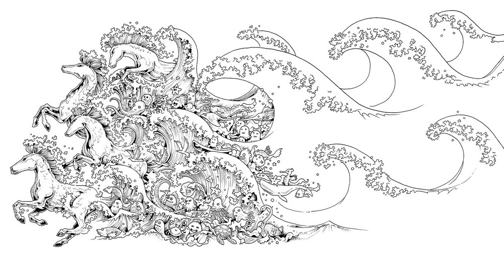 Detailed black-and-white line drawing of waves and horses