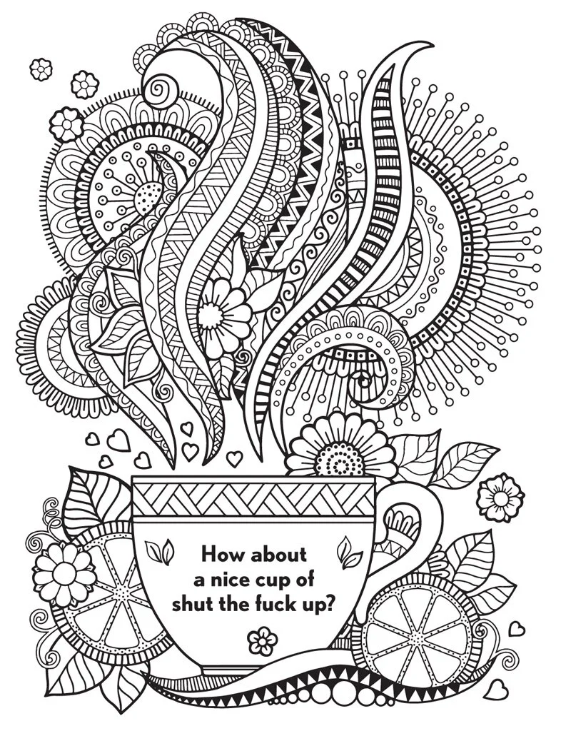 Ornate floral teacup with profanity text illustration