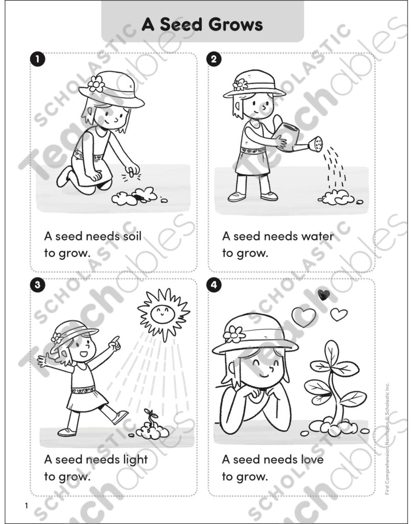 Four-panel seed growth worksheet with cartoon girl actions