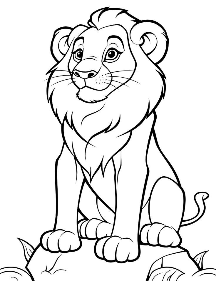 Line drawing of a seated lion cub on a rock