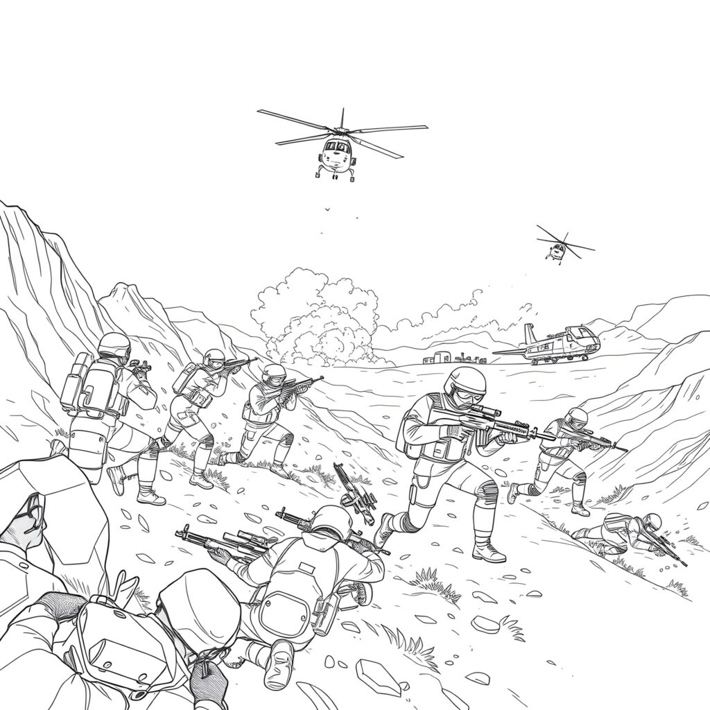 Black-and-white drawing of soldiers advancing through mountains under helicopters