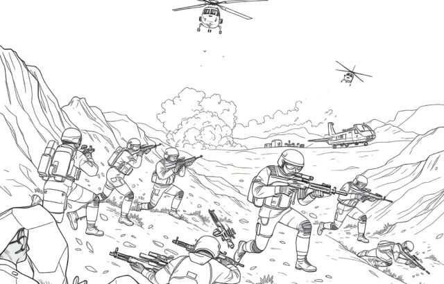 Black-and-white drawing of soldiers advancing through mountains under helicopters
