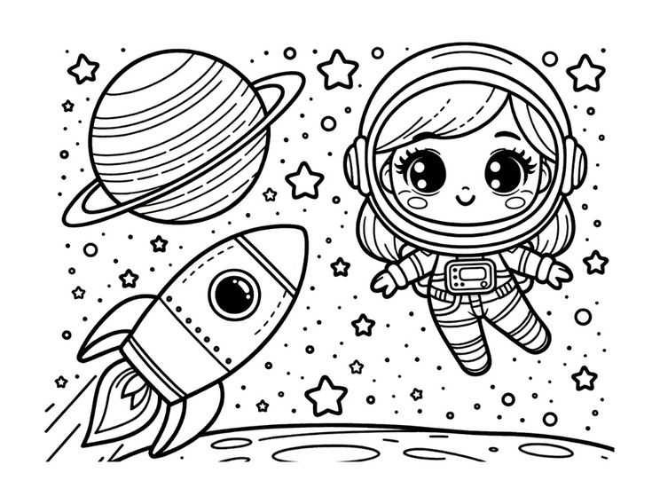 Cartoon astronaut, rocket, planet, and stars in space