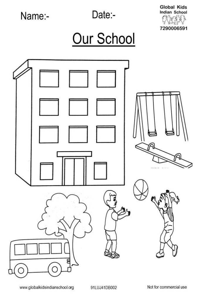 School worksheet with building, swings, seesaw, bus, children, and ball