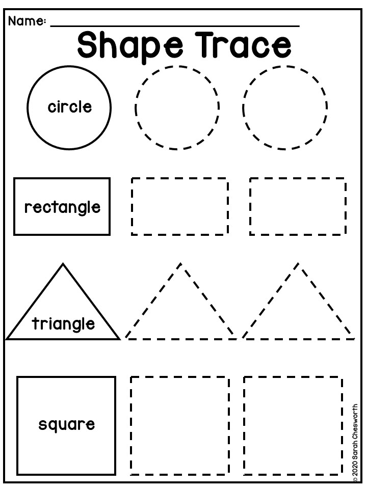 Shape trace worksheet with circle, rectangle, triangle, square outlines