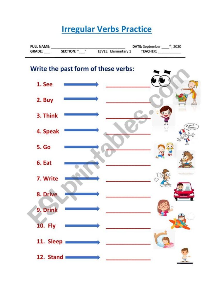Irregular verbs practice worksheet with blank answer lines