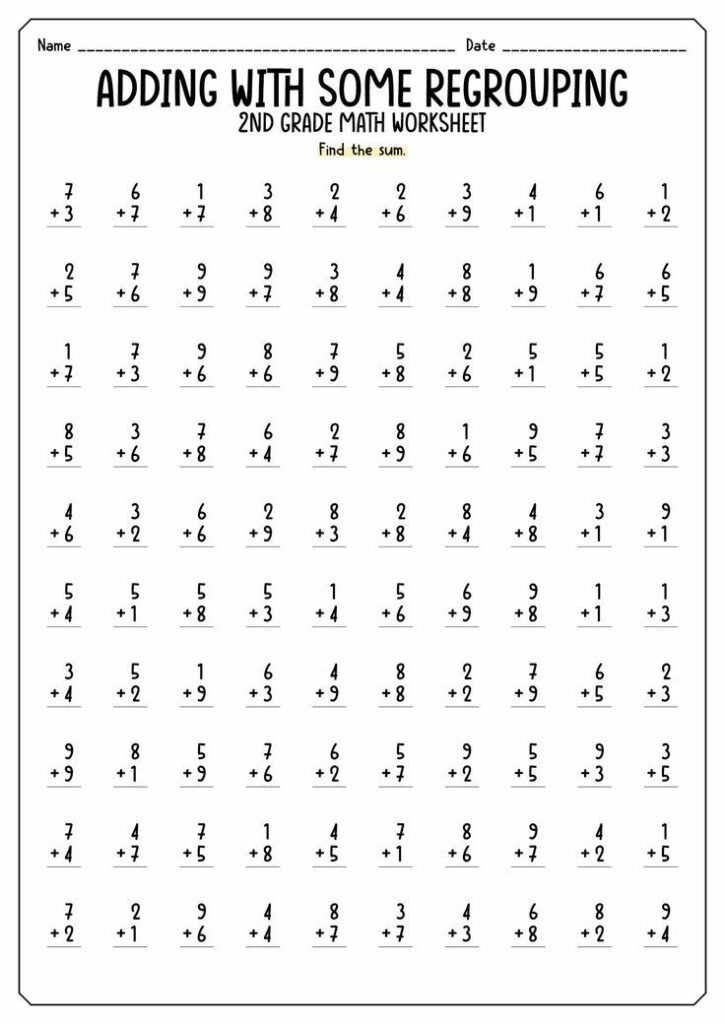 Second grade math worksheet with addition problems