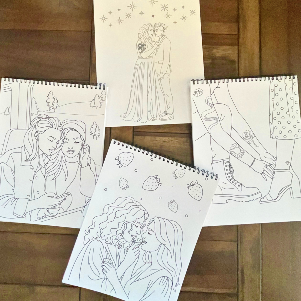 Four spiral-bound coloring pages of women on wooden floor